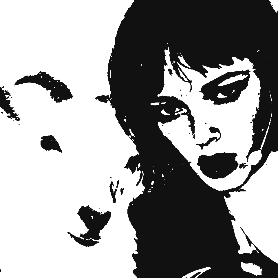 Claudia next to a white goat, in 1-bit black and white